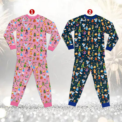 Group lifestyle shot of the matching family pajama set with multicolor nativity pattern