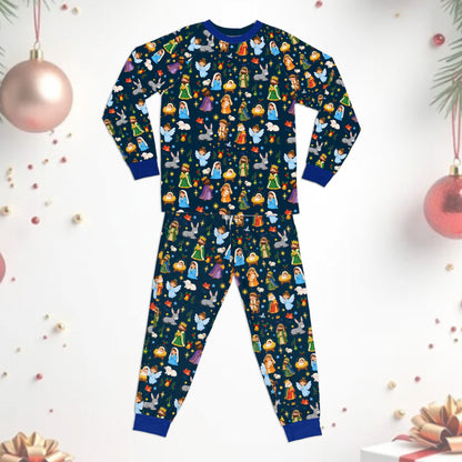 Close-up lifestyle view of the family pajama set holiday with multicolor nativity design