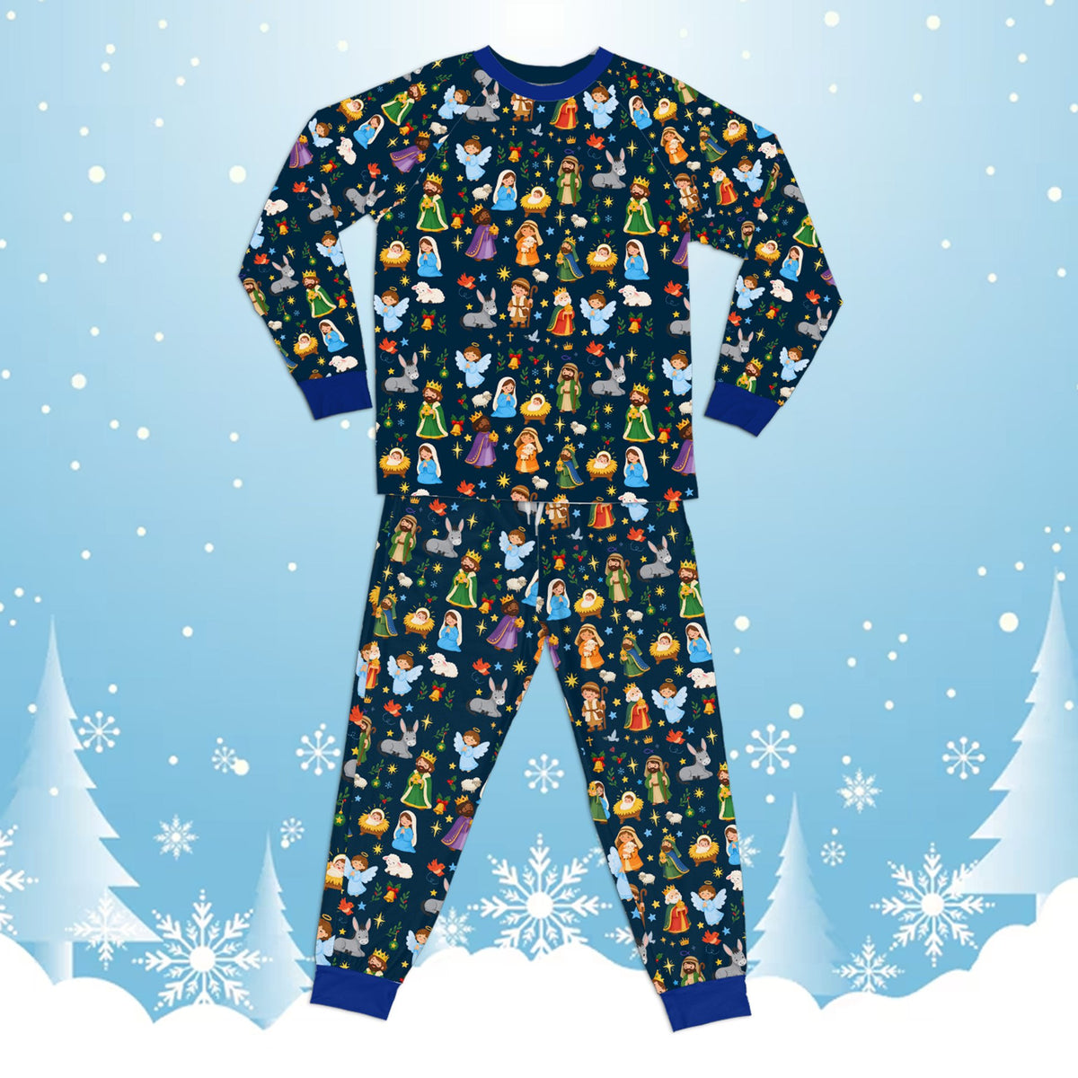 Family wearing holiday pajamas family matching set with nativity design in multicolor lifestyle setting