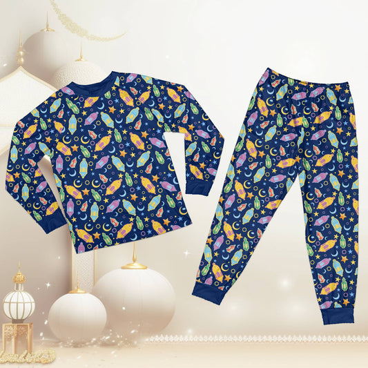 Navy matching family pajamas featuring the faith pajama set design with colorful Ramadan lanterns and stars