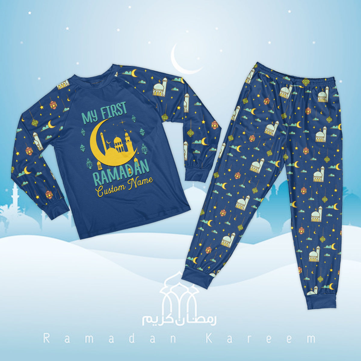 Front view of the faith matching family pajamas pants in navy