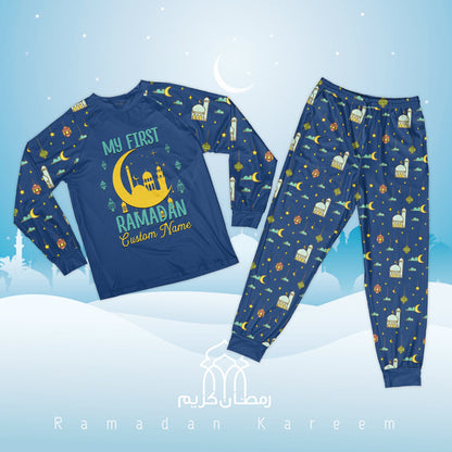 Front view of the faith matching family pajamas pants in navy