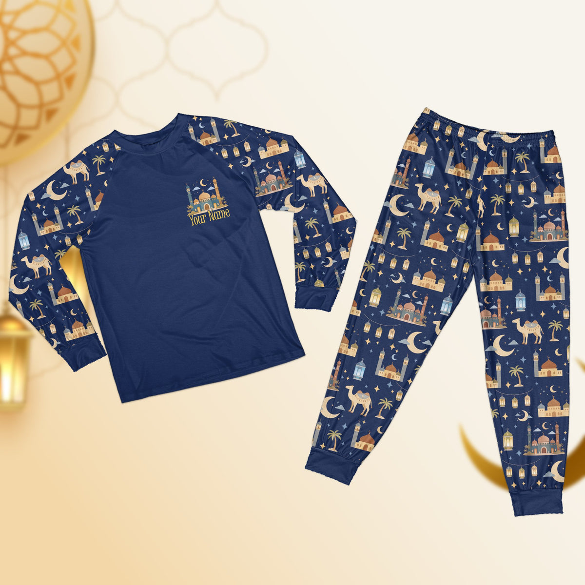 Navy blue front view of the faith pajama set with a personalized chest graphic.