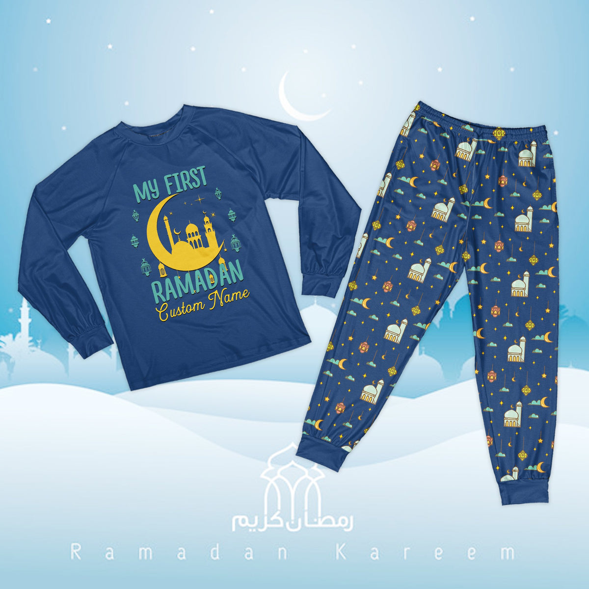 Detailed view of the faith pajama set holiday pattern in navy