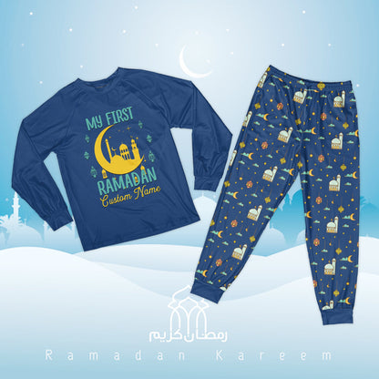 Detailed view of the faith pajama set holiday pattern in navy