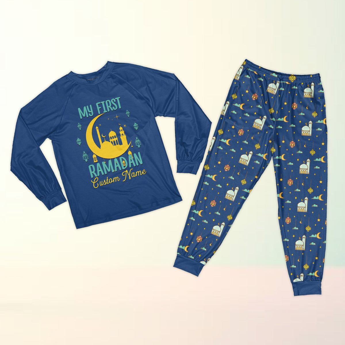 Close-up of the faith pajama set pants pattern in navy