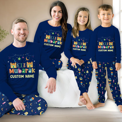 Lifestyle view of the navy faith pajama set worn comfortably