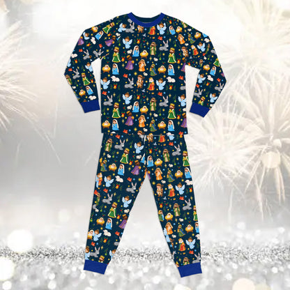 Individuals wearing pink matching holiday family pajamas in a cozy lifestyle setting
