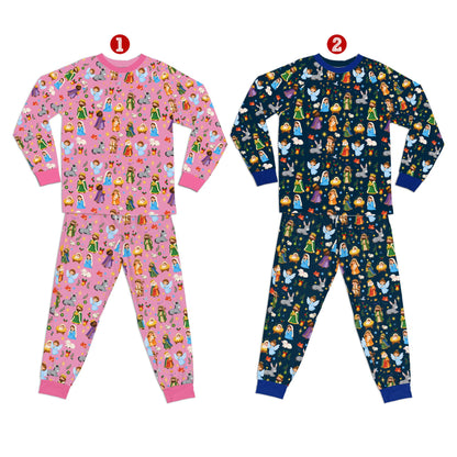 Another lifestyle setting showing the pink faith-based matching family pajamas