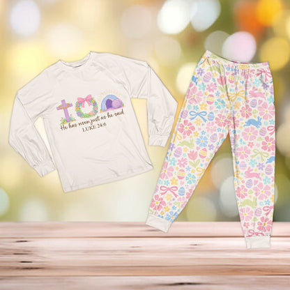 White faith pajama set top with matching pastel patterned pants, front view