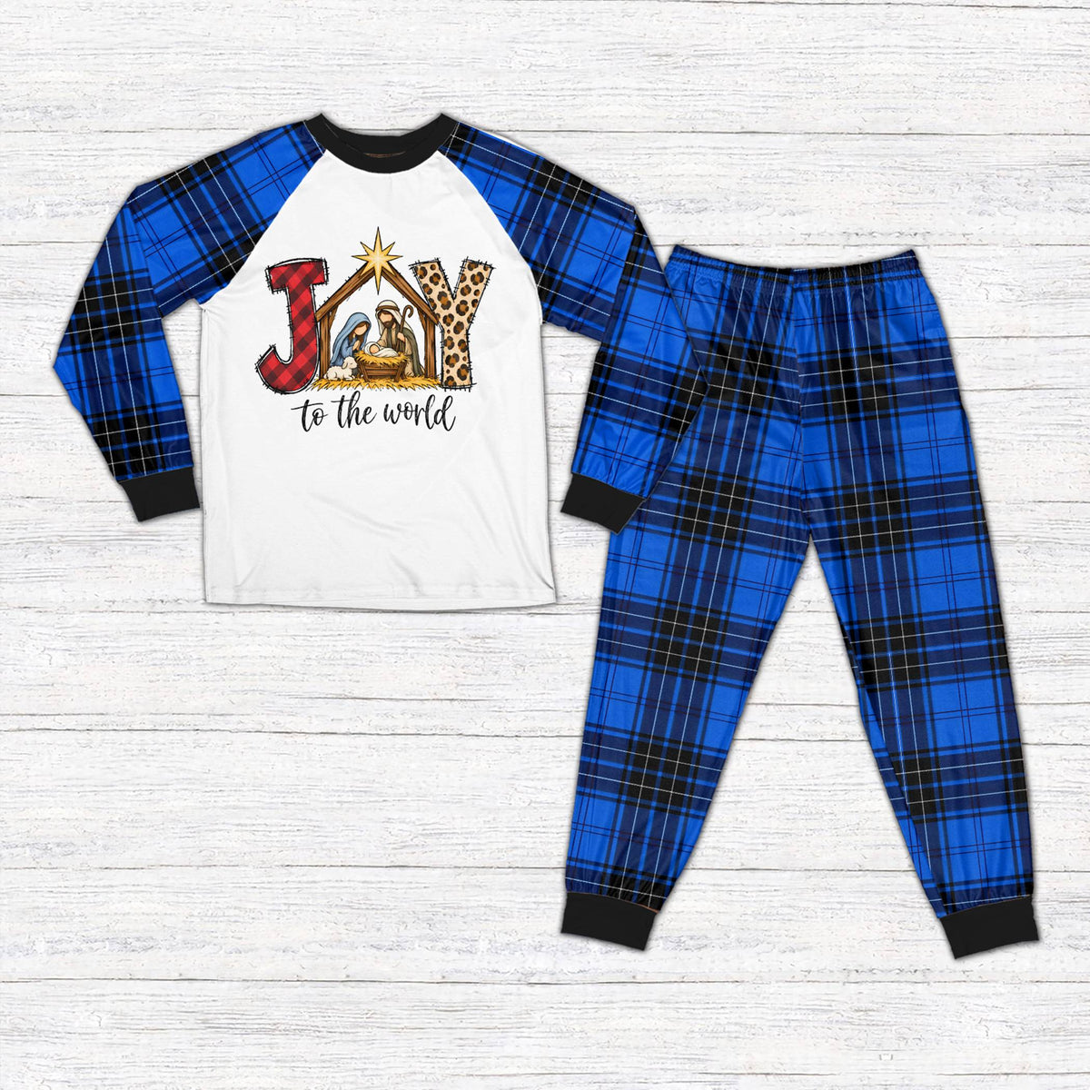 Front view of white faith pajama set featuring plaid pants