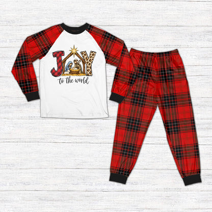 Matching family faith pajama set with Joy to the World nativity design, main view