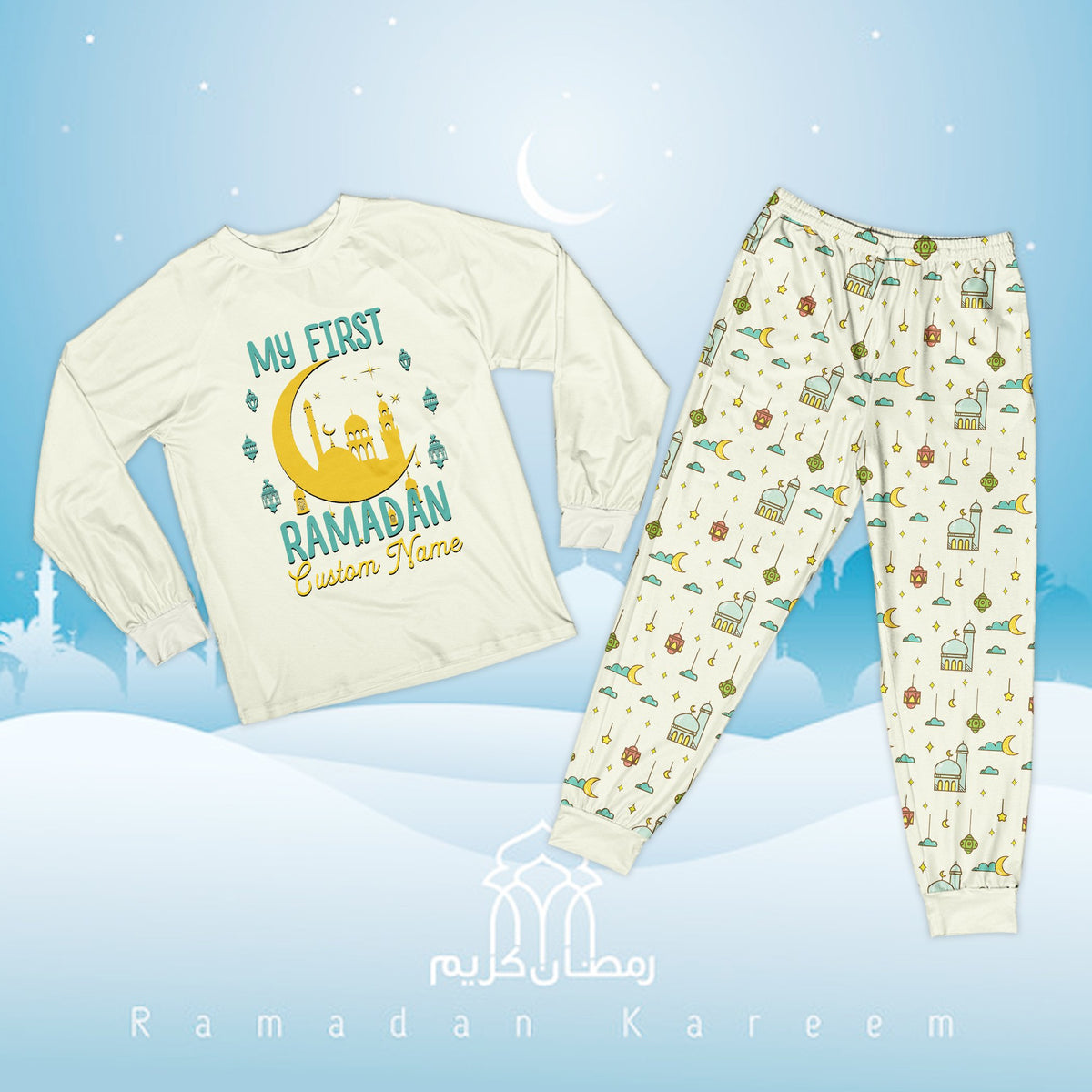 Front view of the faith matching family pajamas pants in white
