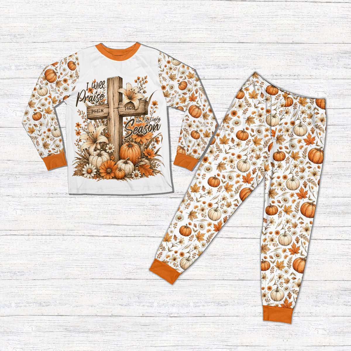 Front view of the faith inspired matching family pajamas