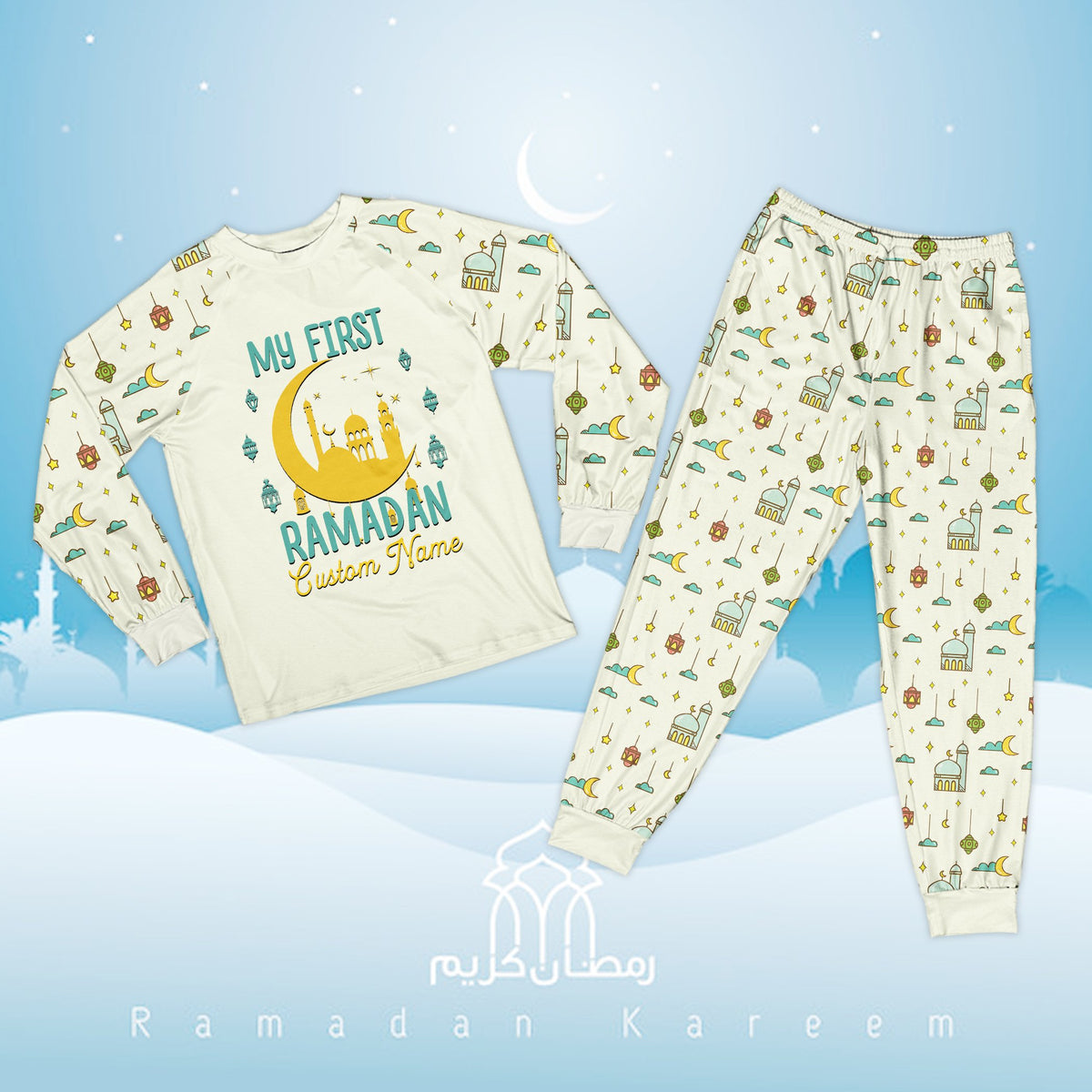 Detailed view of the faith pajama set holiday pattern in white