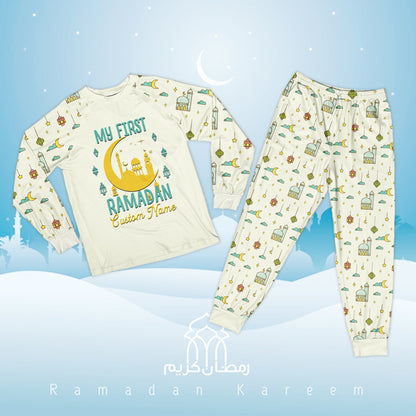 Detailed view of the faith pajama set holiday pattern in white