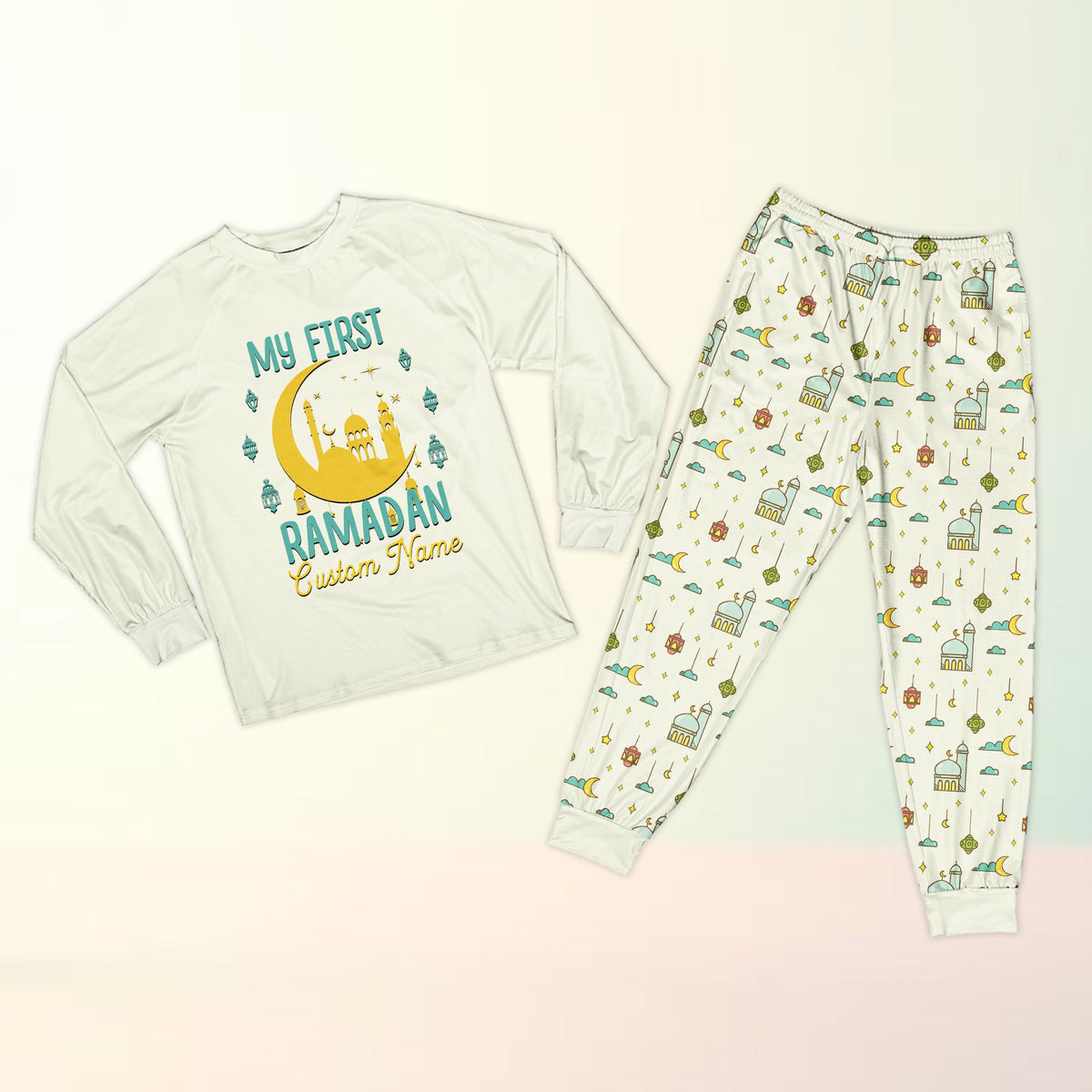 Close-up of the faith pajama set pants pattern in white