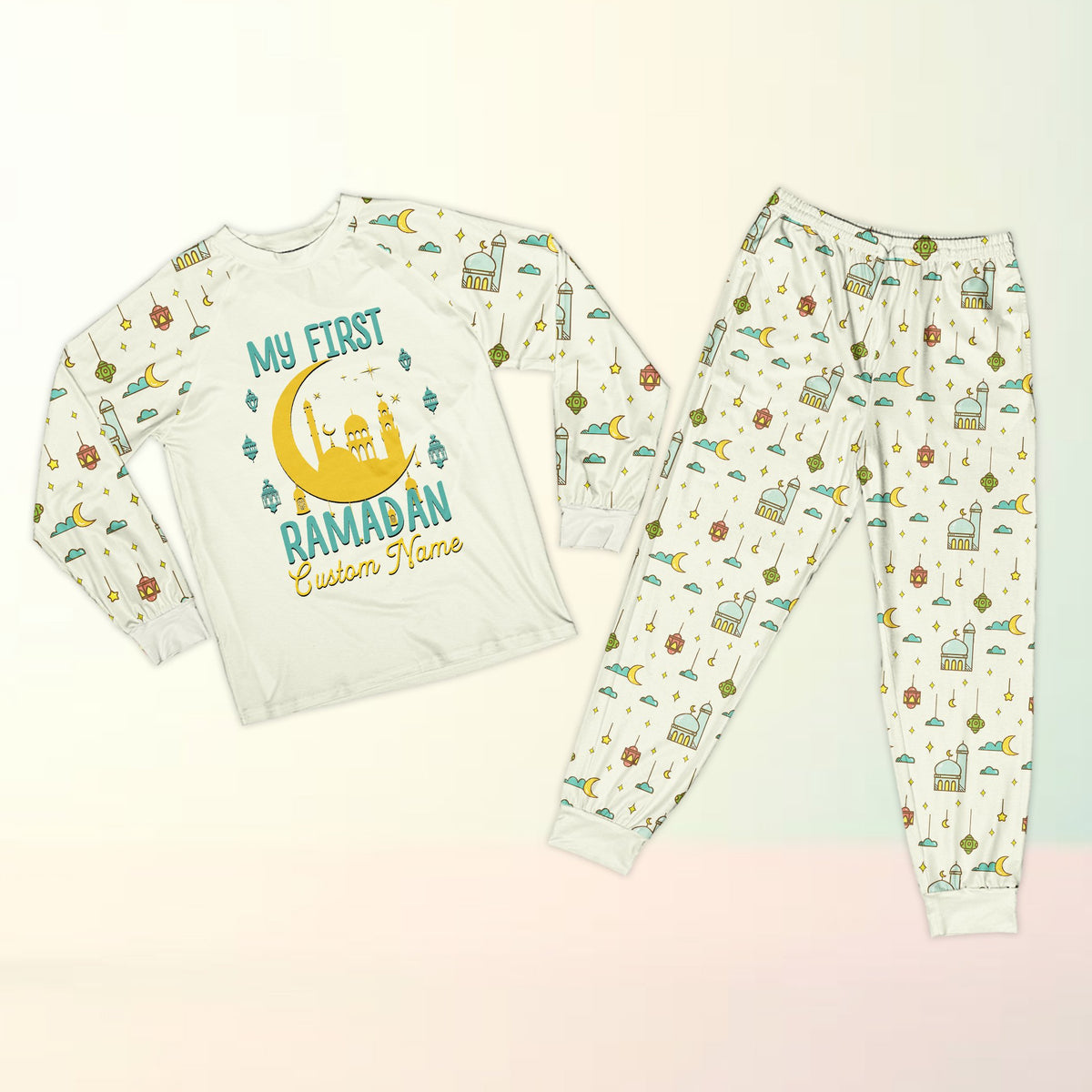 Another detailed view of the faith matching family pajamas pattern in white
