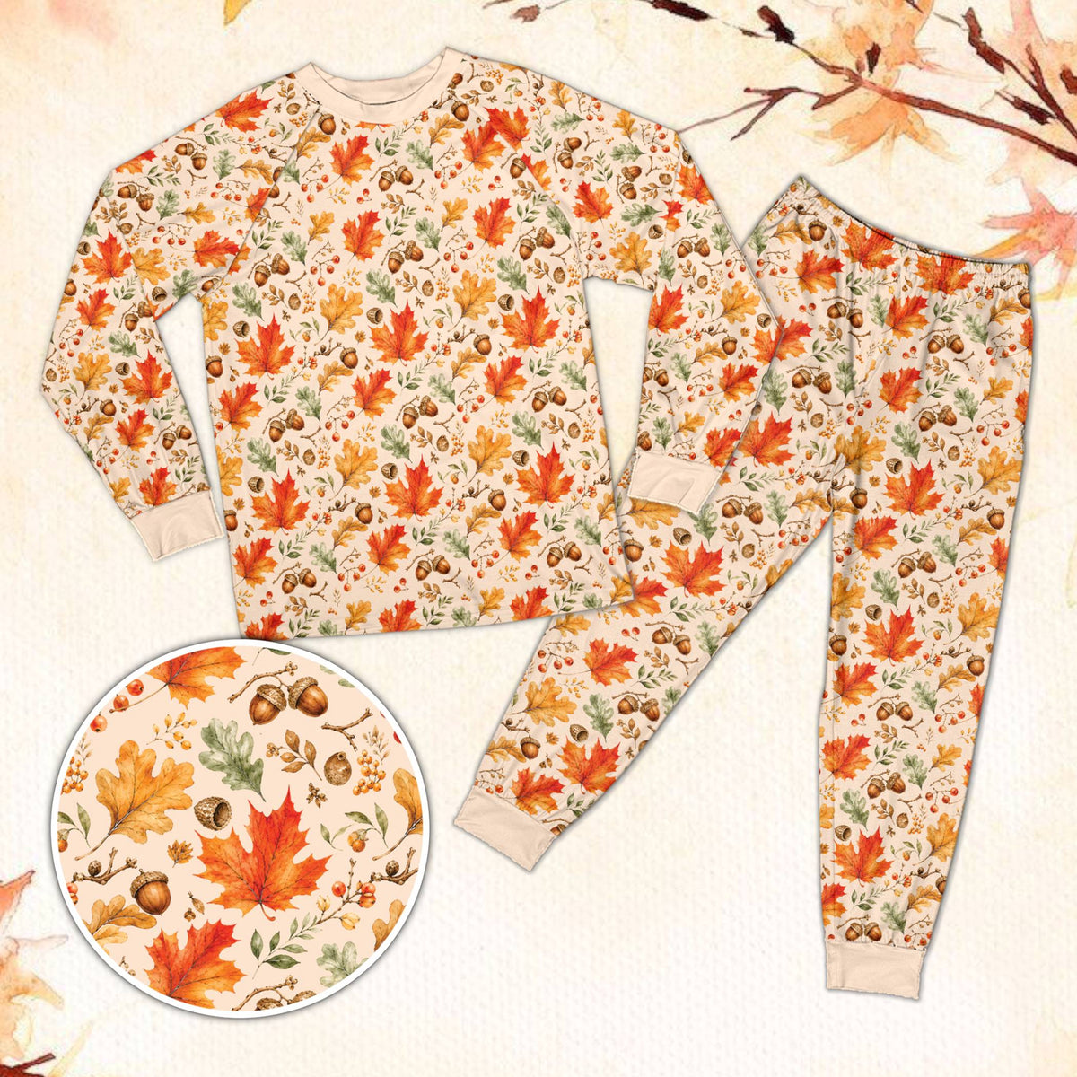 Fall pajama set with autumn leaves on cream background, front view