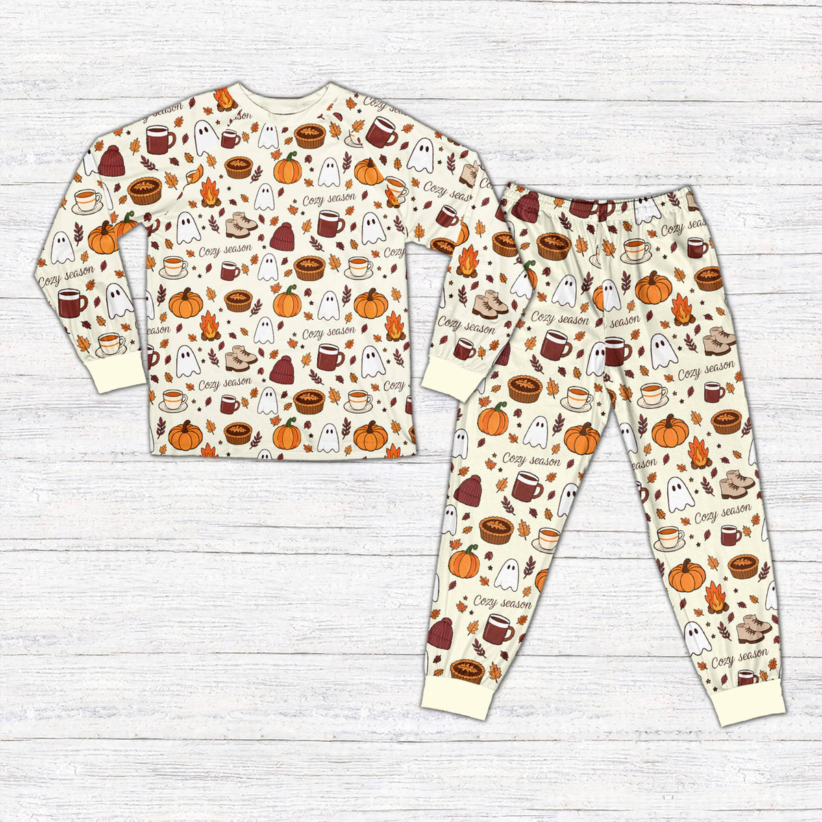 Beige fall pajama set showing autumn print, front view