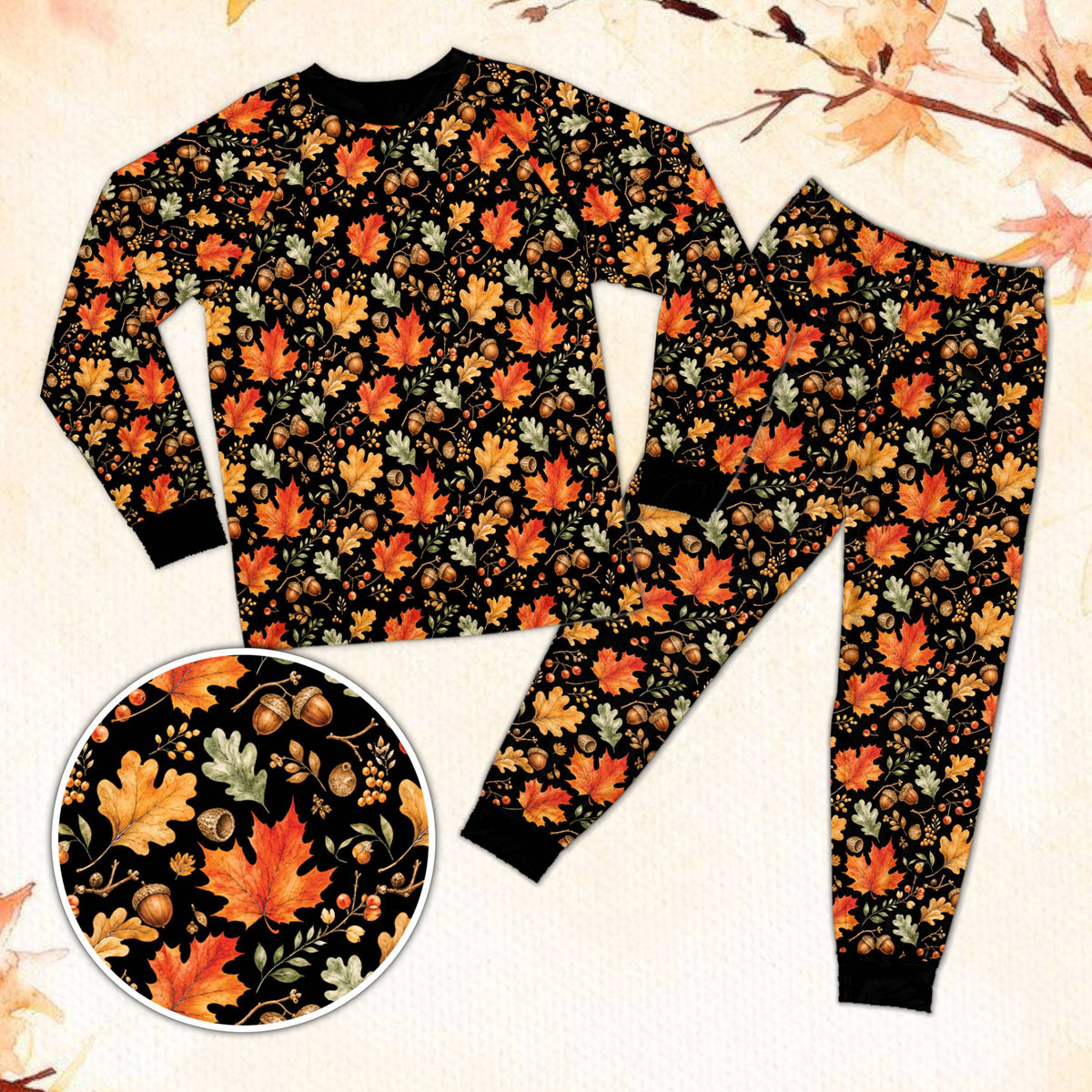 Fall pajama set with autumn leaves on black background, front view