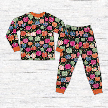 Black front view of the floral pumpkin matching family pajamas