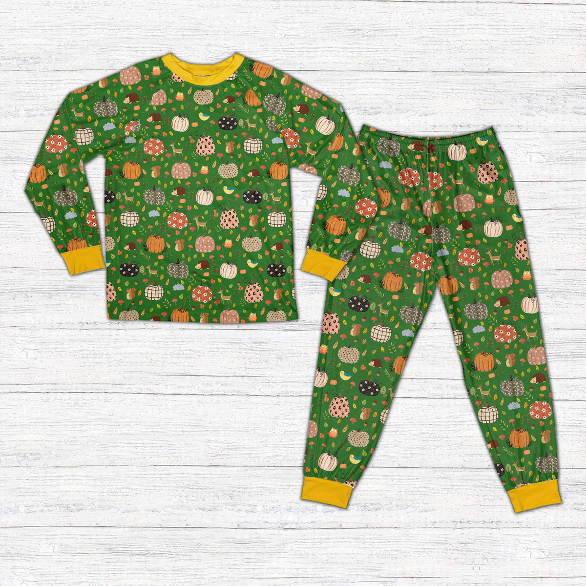 Front view of the matching family pajamas in autumn theme.