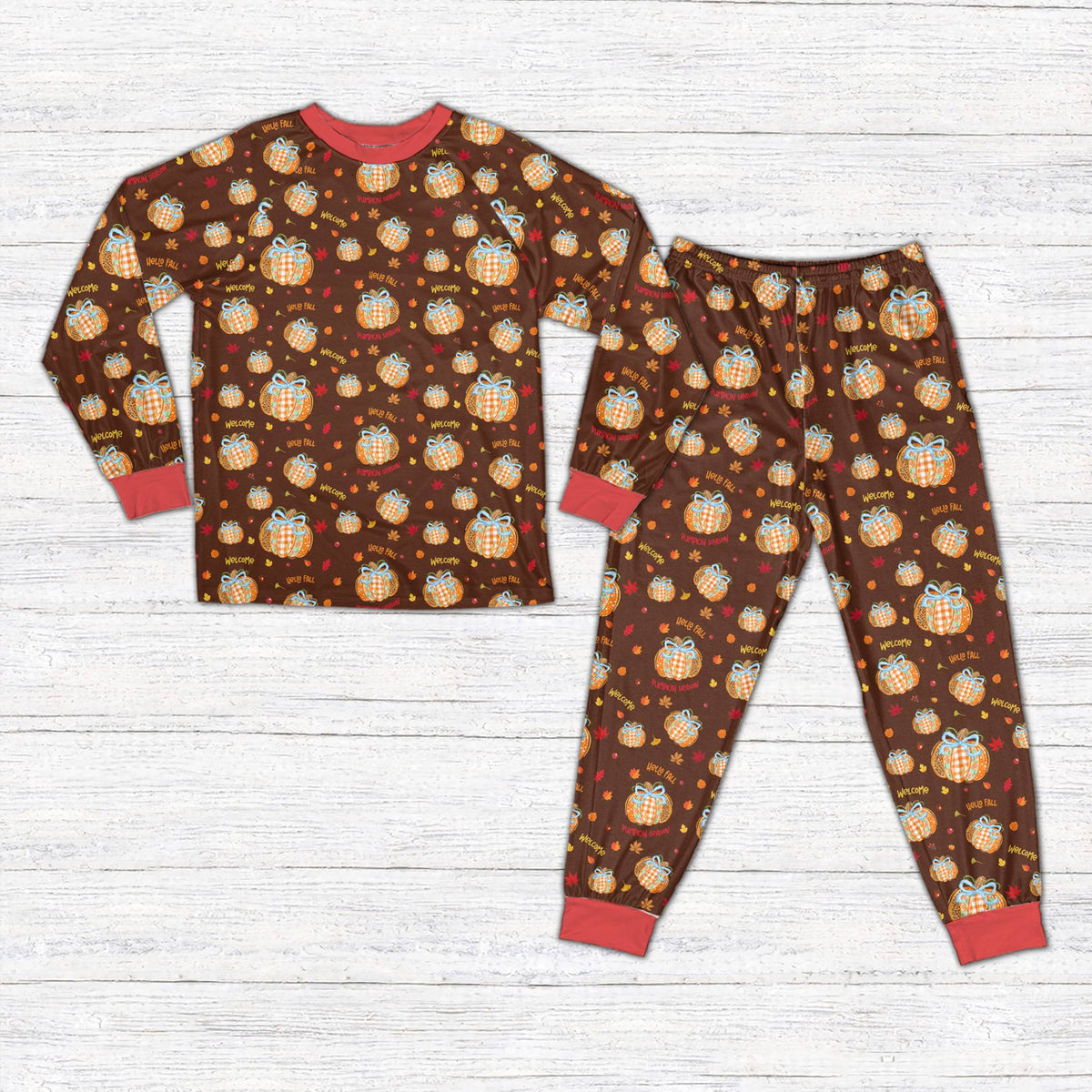 Fall pajama set in brown with autumn pumpkin and leaf pattern