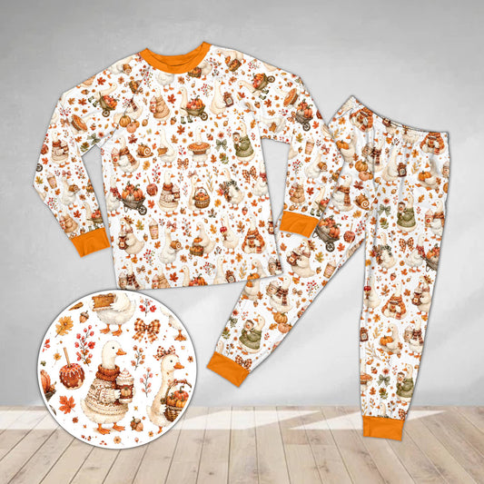 Fall goose pajama set in white featuring illustrated autumn geese, main view