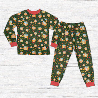 Fall pajama set in green with hello fall text and scattered pumpkins
