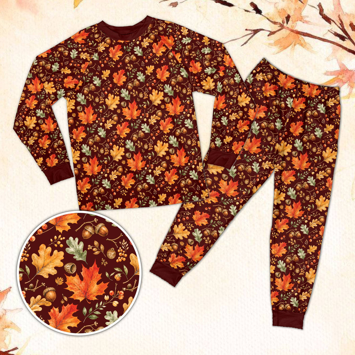 Fall pajama set with autumn leaves on maroon background, front view