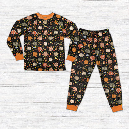 Front view of the autumn pumpkin fall pajama set.