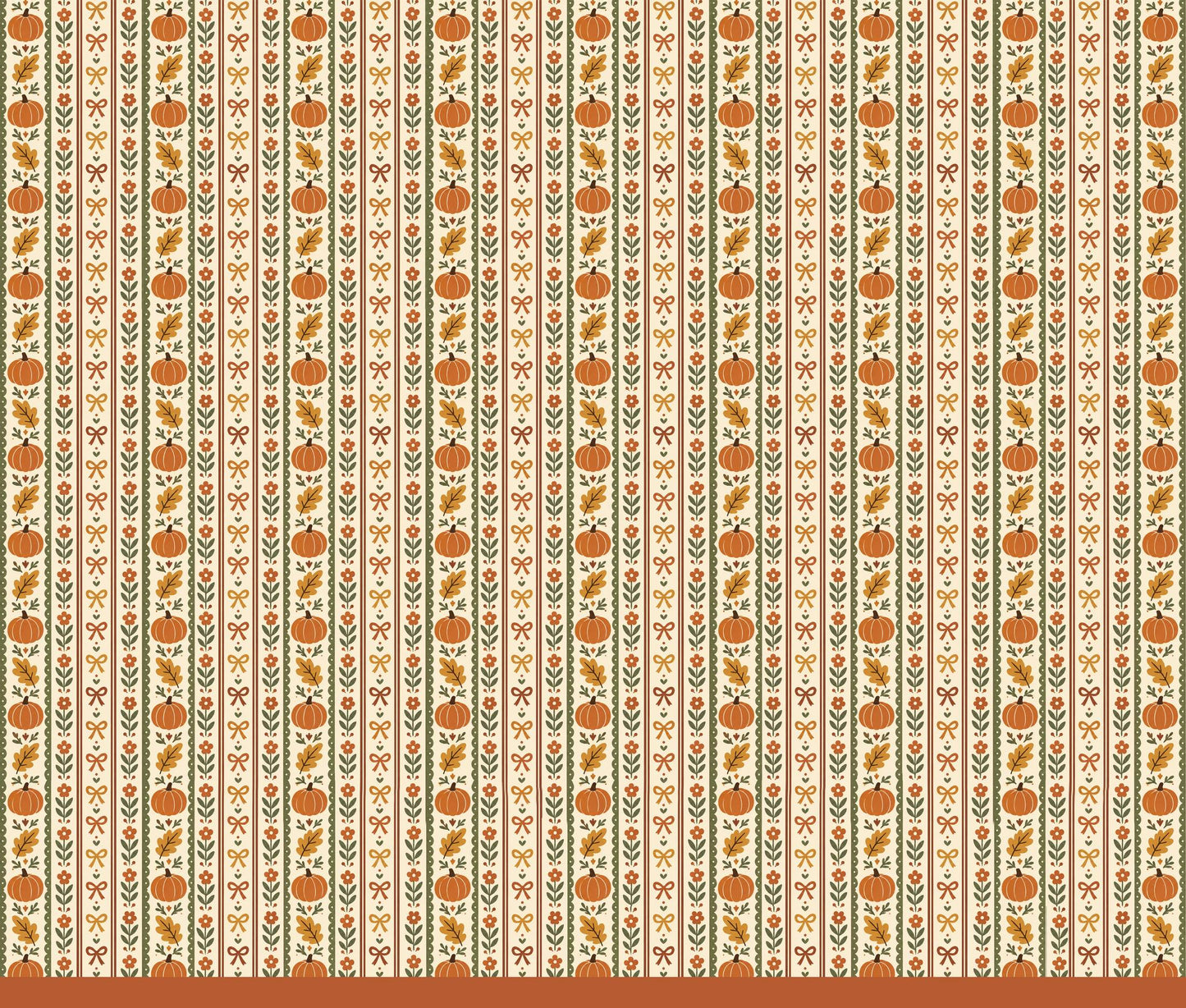 Close-up detail showing the pumpkin, oak leaf, and floral vine pattern on the pajama fabric