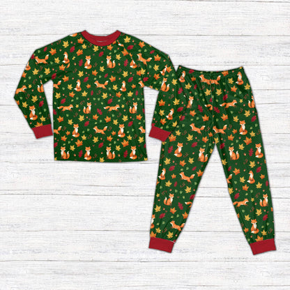 Fall pajama set featuring a fox and acorn pattern on multiple backgrounds