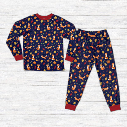 Another front view showcasing the red cuffs and collar of the matching family pajamas