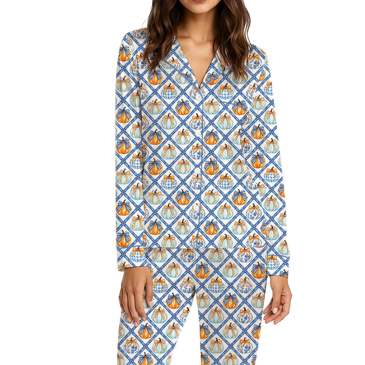 Front view of pumpkin pattern fall pajama set