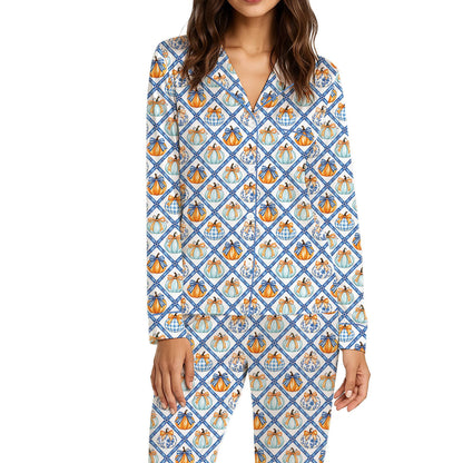 Front view of pumpkin pattern fall pajama set