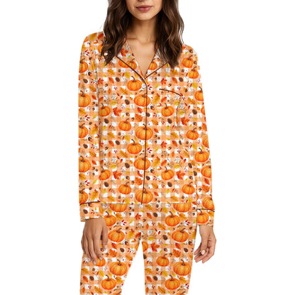 Second front view of the orange and white plaid matching family pajamas