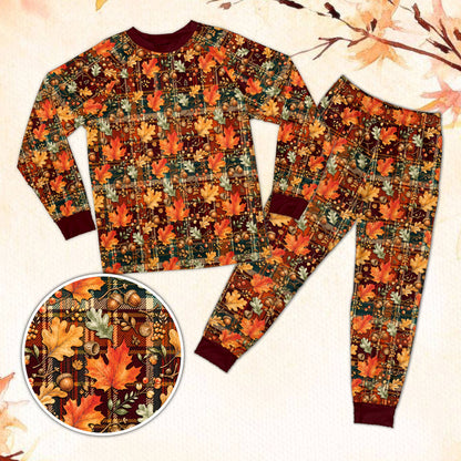 Fall pajama set with autumn leaves on plaid background, front view