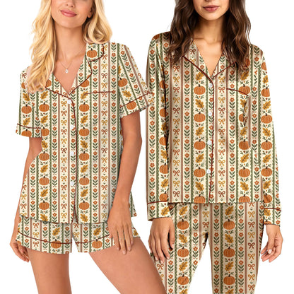 Front view of the matching holiday family pajamas featuring a fall theme