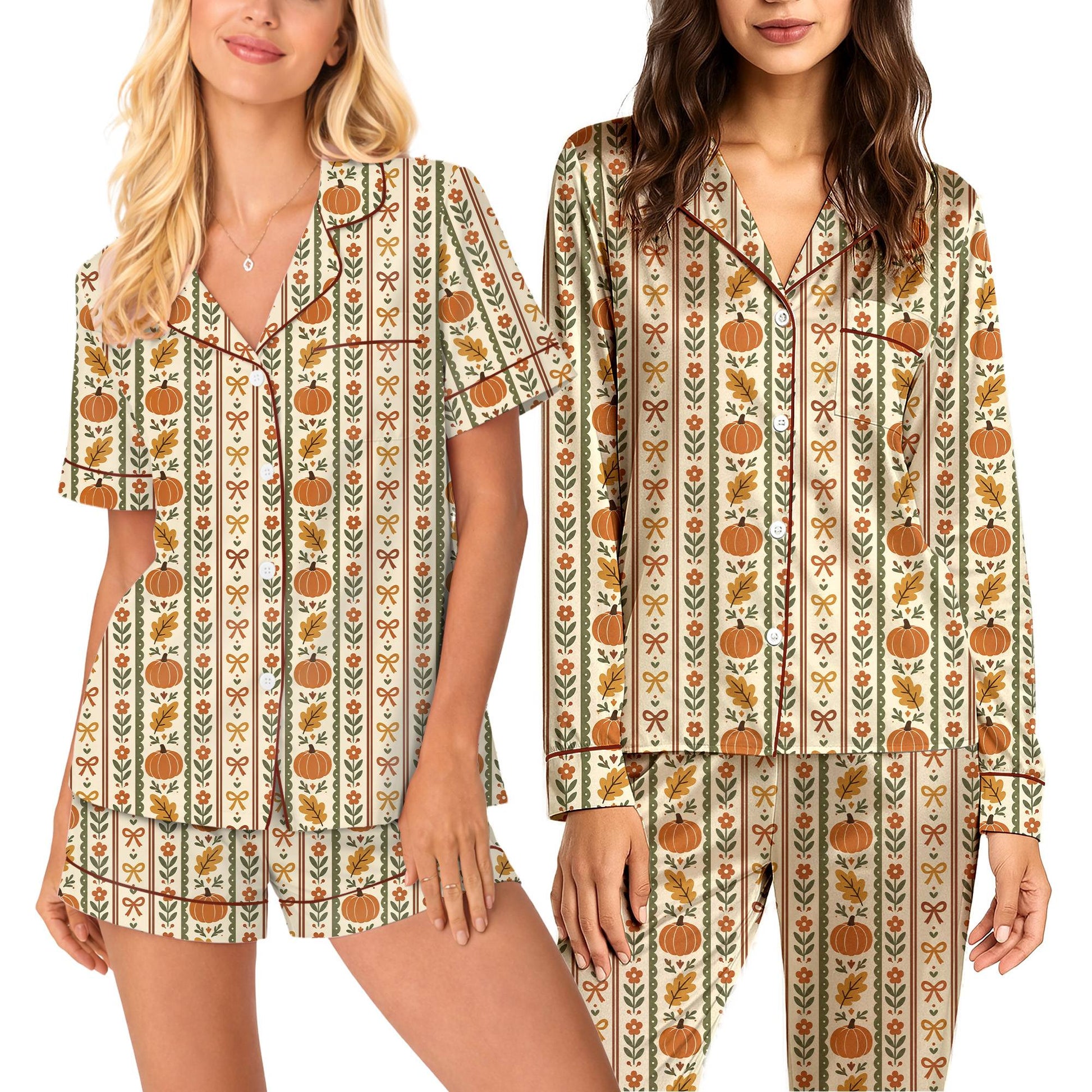 Main view of the fall pumpkin and floral stripe family pajama set holiday design