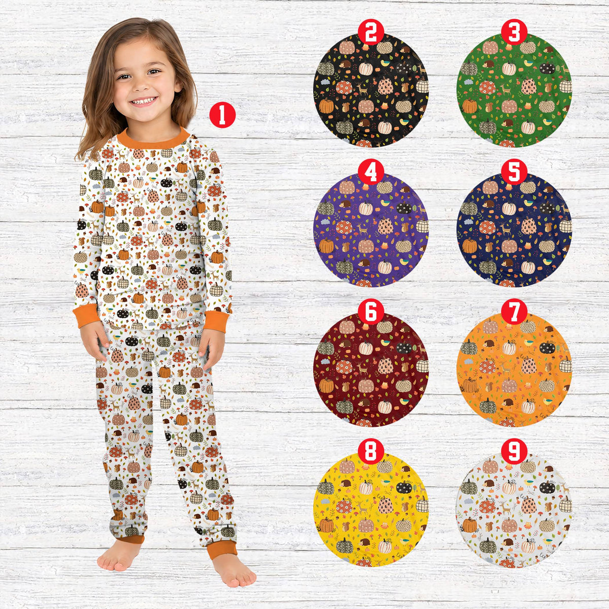 Lifestyle view of the autumn pumpkin matching family pajamas.