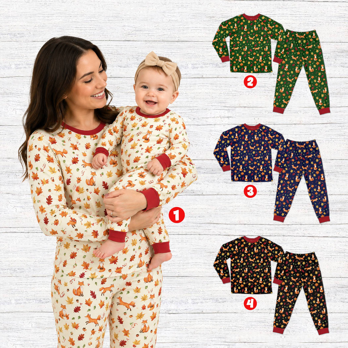 Lifestyle view of family wearing the matching family pajamas with fox design