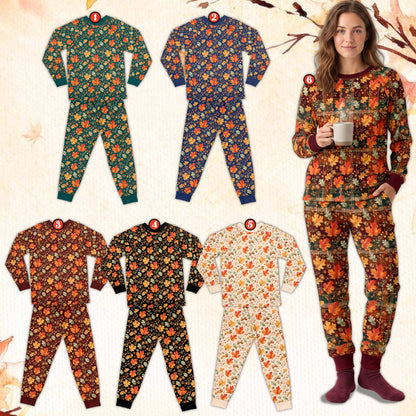 Lifestyle view of matching family pajamas featuring autumn leaves fall design