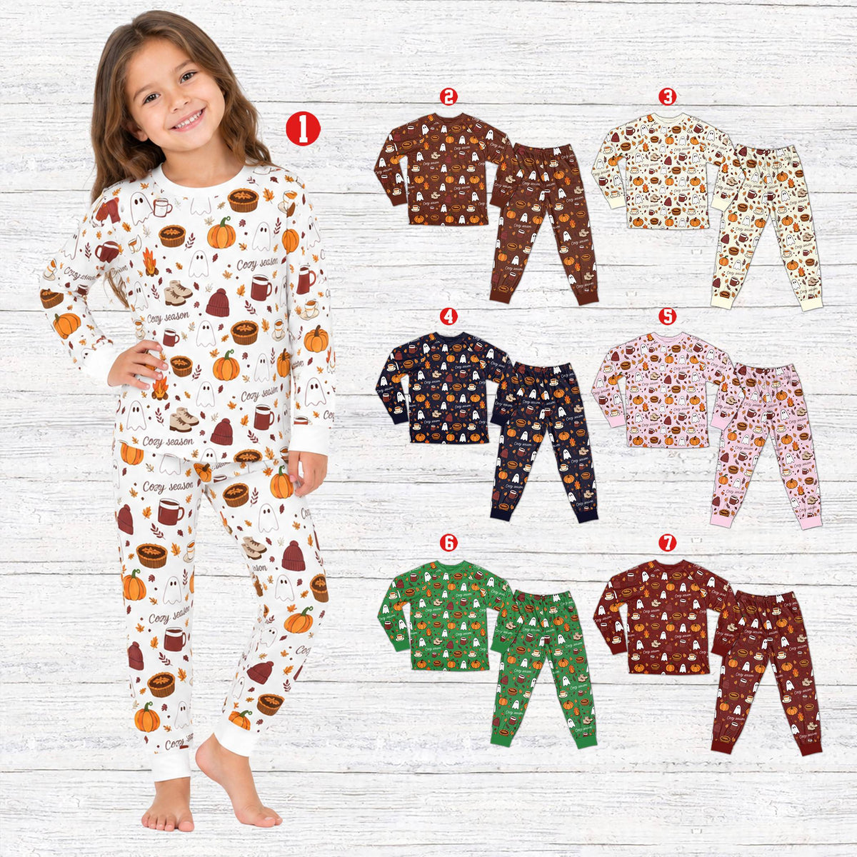 Family wearing matching holiday family pajamas in cozy season autumn themes, lifestyle view