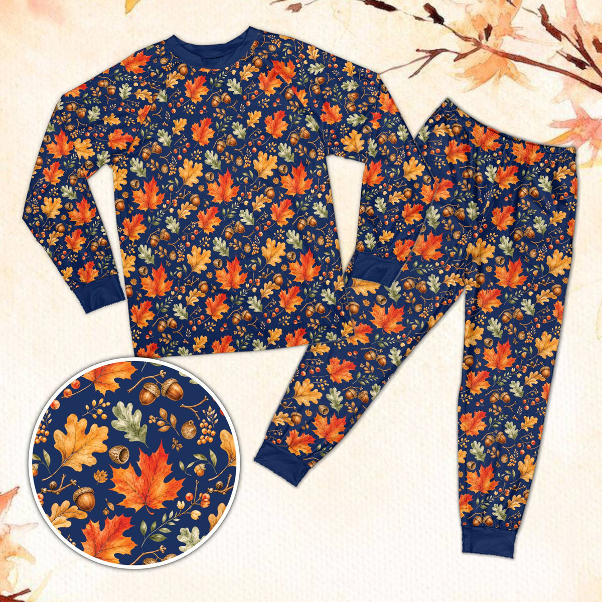 Fall pajama set with autumn leaves on navy background, front view