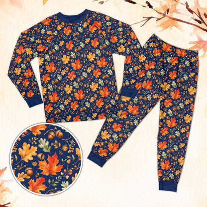 Fall pajama set with autumn leaves on navy background, front view