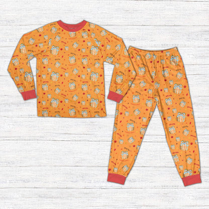Fall pajama set in orange with festive autumn pumpkin pattern