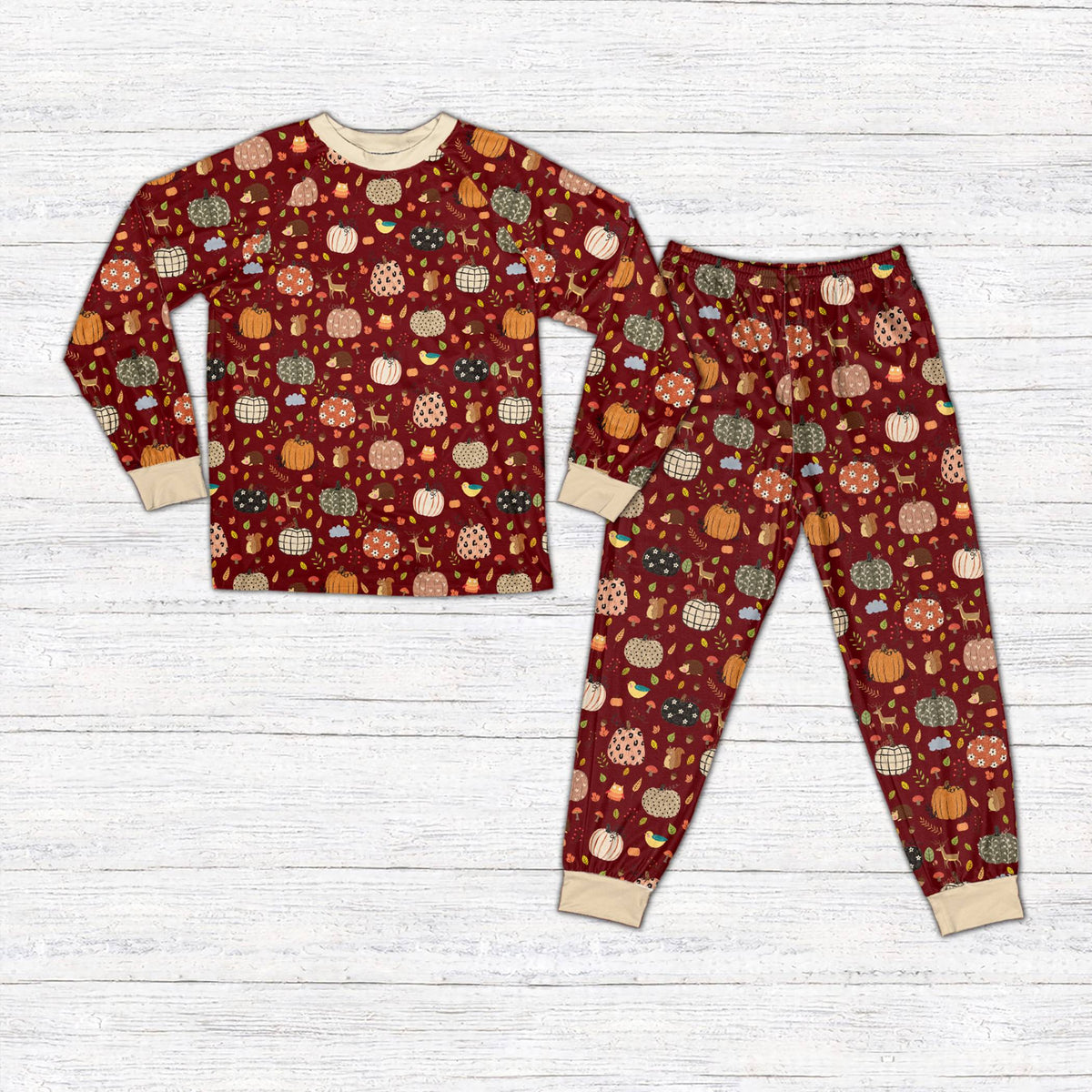 Front view of the matching family pajamas holiday featuring woodland animals.