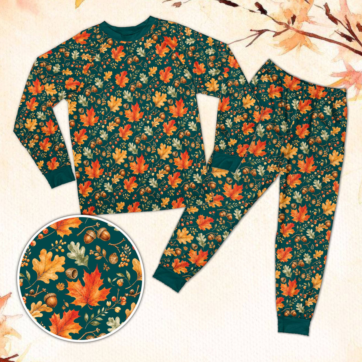 Matching family pajamas fall pajama set with autumn leaves on teal background, main view